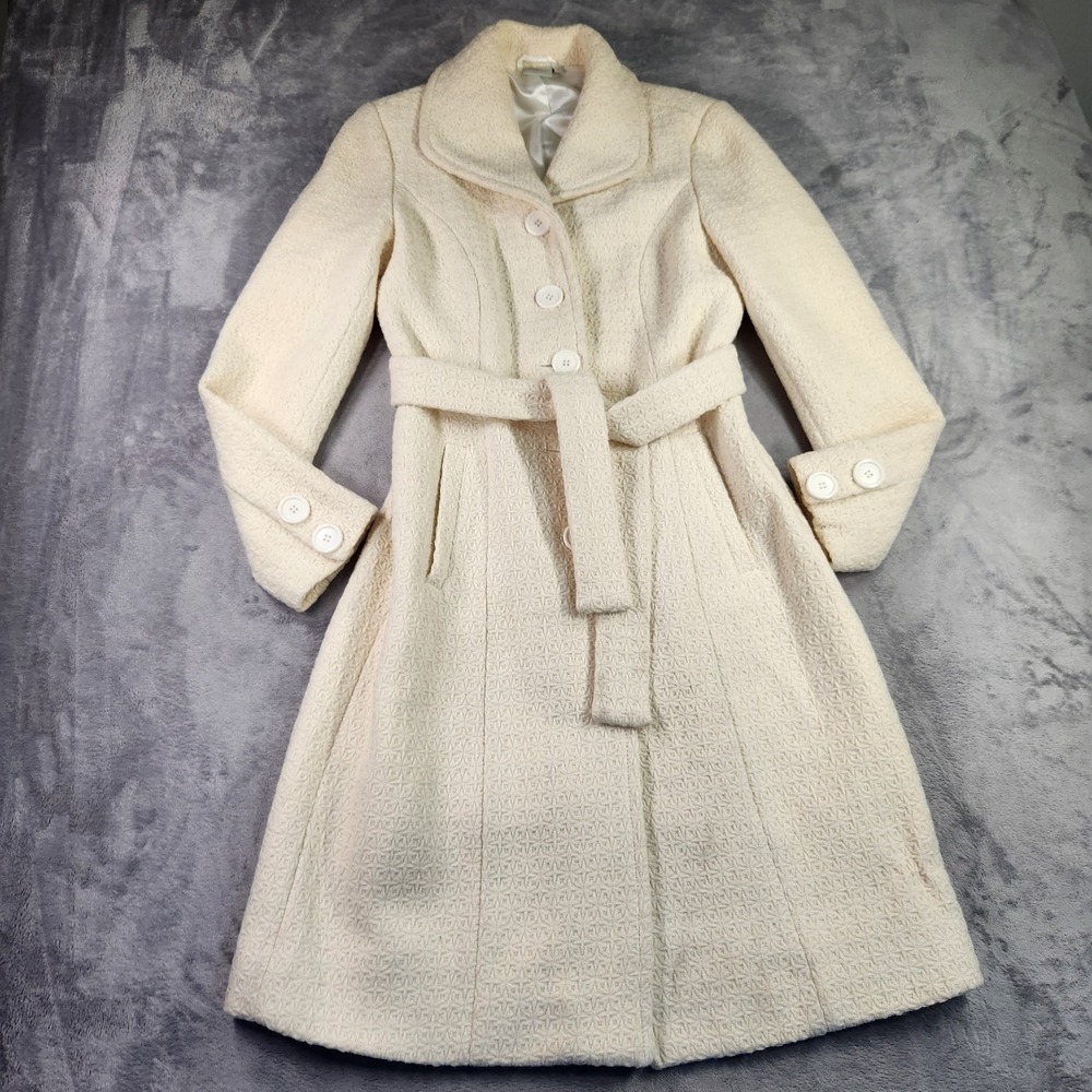 Georgiou Studio Vintage Wool Blend Geometric Belted Trench Coat Cream Size 2